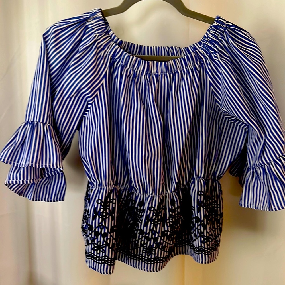 Rebellion Blue Striped Off Shoulder Top